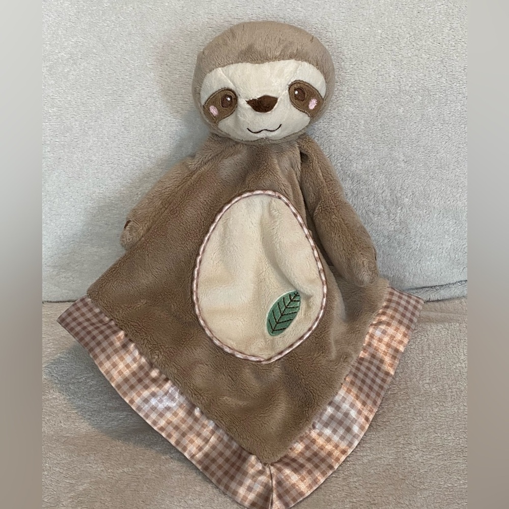Douglas Baby Sloth Lovey Security Blanket Plush Satin Trim Beige White 14”X14”